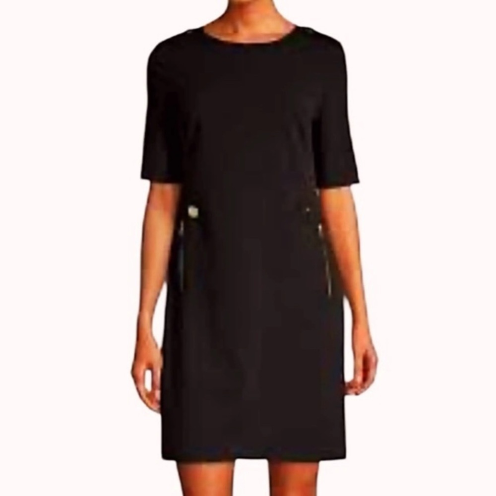 Calvin Klein A-Line Sheath Dress Black with Gold Accents Zippers Size 10